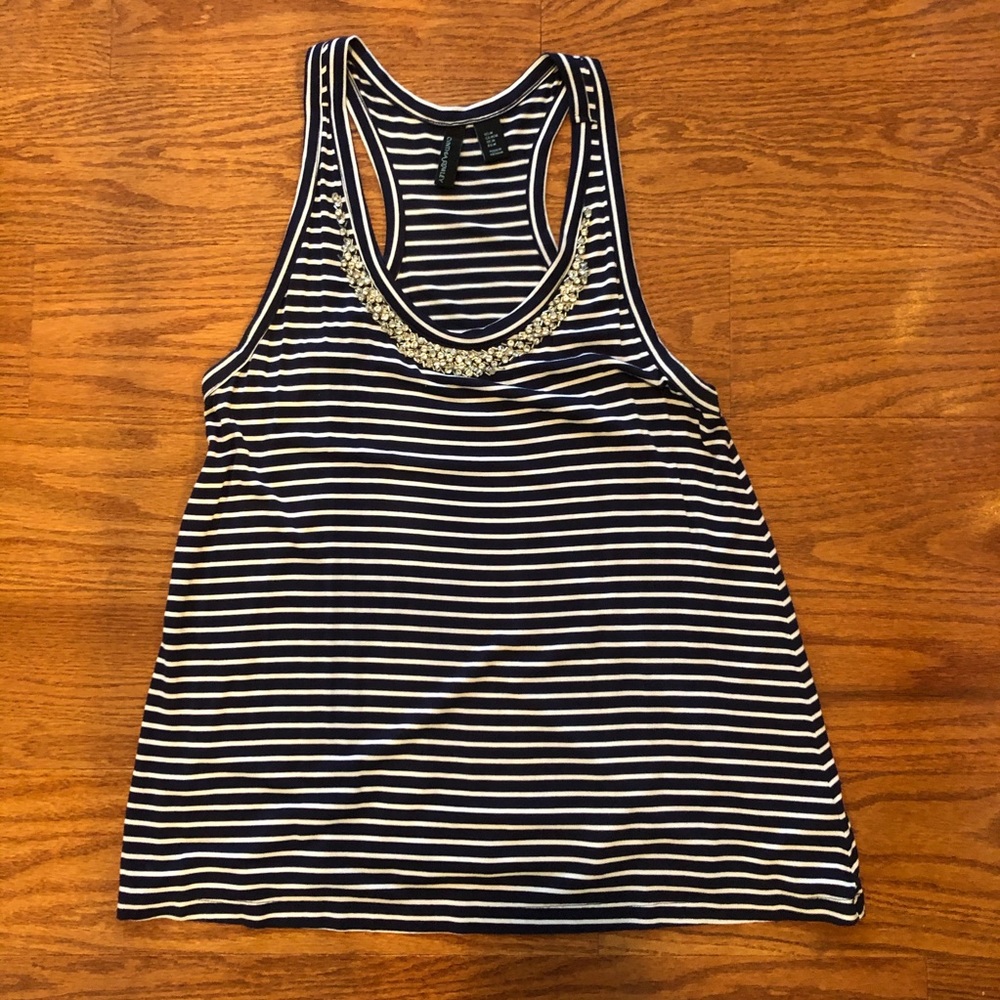 Navy and White Stripe Tank with Beaded Accent